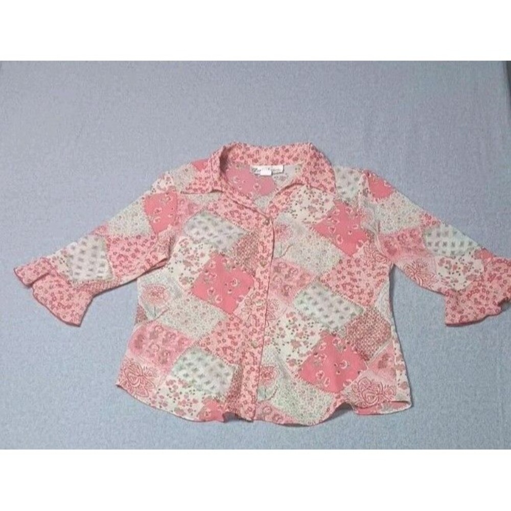 Gloria Lance 3/4 Ruffled Flare Sleeve Button Up Blouse Womens Size 1X Pink Peach